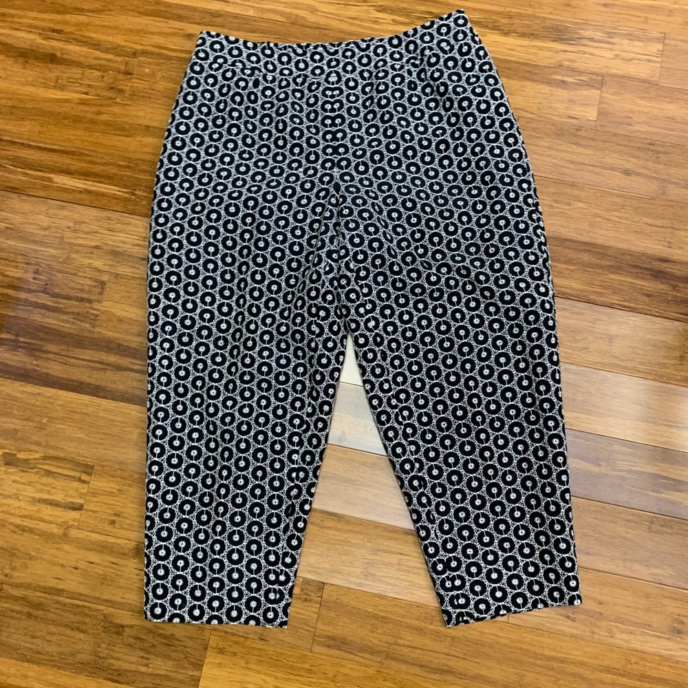 Talbots Embroidered Silk Pants Womens‎ 16W Black White Cropped Trousers Vintage